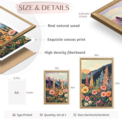 Hianan Wood Framed Boho Moutain Wildflower Wall Art Set of 3, 12x16 in - color: Colourful(Wood), size: 16"L x 12"W