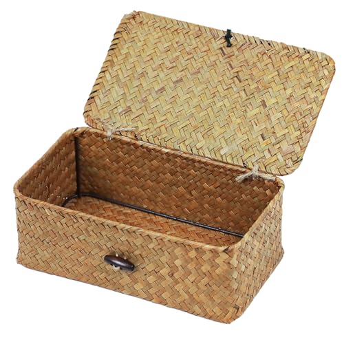 Wicker Storage Basket with Lid, Seagrass Storage Baskets for Organizing - color: Natural, size: 9.05" x 5.11" x 3.34"