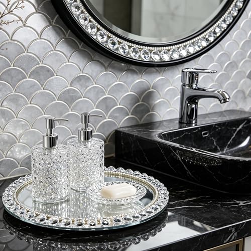 Large Round Crystal Tray, 12"x12" Silver Rotatable Perfume Tray - color: Silver D