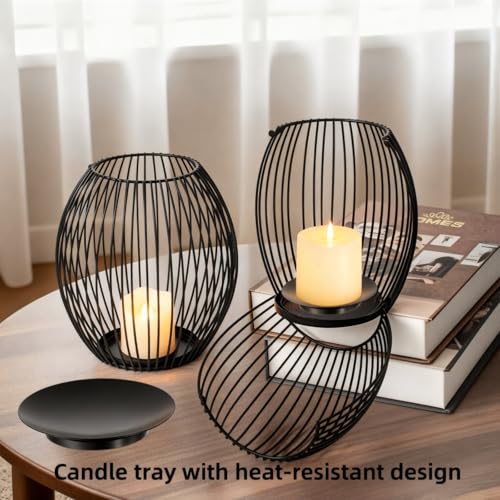3-Piece Black Metal Lantern Candle Holder Set, Modern Lantern Decor for Home, Stylish Lanterns Decorative Indoor with Easy-Open Design and Heat-Resistant Trays