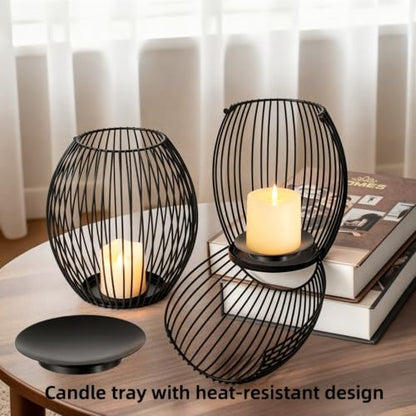 3-Piece Black Metal Lantern Candle Holder Set, Modern Lantern Decor for Home, Stylish Lanterns Decorative Indoor with Easy-Open Design and Heat-Resistant Trays