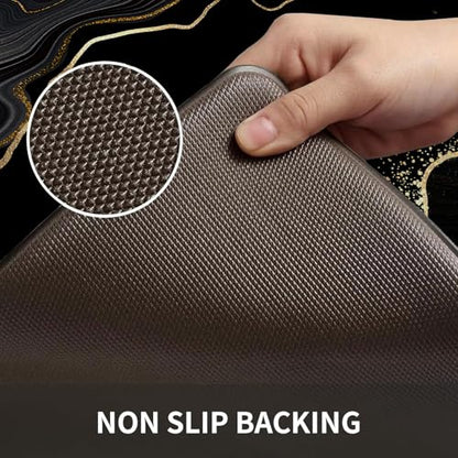 Kitchen Mats Set of 2, Cushioned Anti Fatigue Non Slip Waterproof Runner, Black and Gold Marble Design, PVC Memory Foam, 17.3"x47" and 17.3"x29" Rectangle Rugs for Kitchen Sink and Laundry - color: Black Marble 4