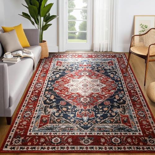 YJ.GWL Large Area Rug for Living Room, 6x9 Machine Washable Boho Rug for Bedroom, Low Pile Lightweight Thin Rugs Floral Vintage Distress Print Pattern Carpet for Dining Room, Red - color: Red, size: 6' x 9' (Rectangular)