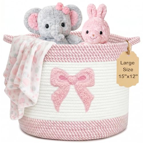 Baby Laundry Basket for Nursery, Large 15”x12”Baby Girl Storage Baskets - color: Bow