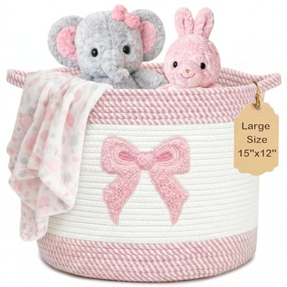 Baby Laundry Basket for Nursery, Large 15”x12”Baby Girl Storage Baskets - color: Bow