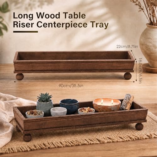 35.5 Inch Long Wooden Decorative Tray with Riser for Table Centerpiece