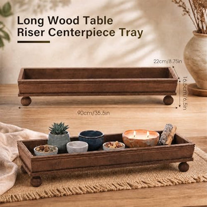 35.5 Inch Long Wooden Decorative Tray with Riser for Table Centerpiece