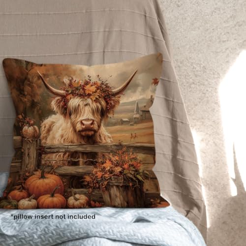 Rustic Fall Western Highland Cow Pumpkin Throw Pillow Covers 18x18 - color: Highland Cow-09