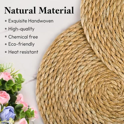 Set of 12 Round Woven Placemats, 13 Inch Rattan Chargers for Dinner Plates, Wicker Placemats, Boho Farmhouse Rustic Braided Jute Table Mats for Kitchen Dining Party Decor