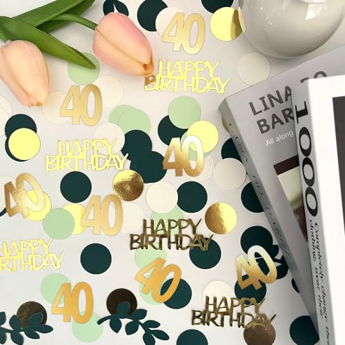 Sage Green 40th Happy Birthday Confetti, 40th Birthday Table Decorations Scatter Green Gold Foil Cake Confetti Decorations for 40 Bday Woman Man Party Decor 230 Pcs - style: 40