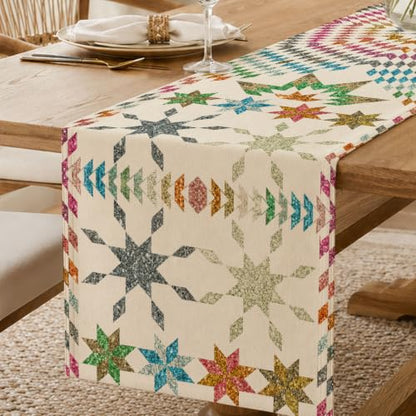 Boho Mandala Table Runner, Retro Colorful Geometric Star Linen Runner 72" - color: Multi Color