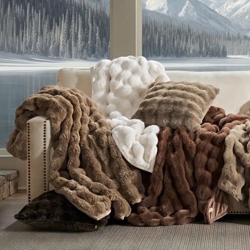EverGrace Faux Rabbit Fur Bubble Throw Blanket, 50"x60", Chestnut - color: Chestnut, size: 50"x60"
