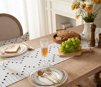 Caflife Black Beige Cotton Linen Rustic Boho Table Runner 13 x 72 Inch Long - color: Black Beige, size: 13x72Inch