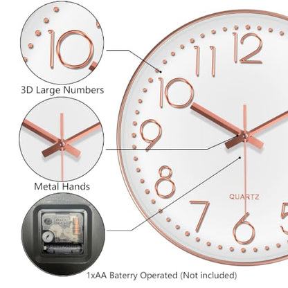 Modern Silent Wall Clock, 14 Inch Wall Clocks Battery Operated | Large Number, Non-Ticking Analog Clock with Tempered Glass Quartz Clocks for Living Room Bedroom Office Kitchen, Rose Gold - color: Rose Gold, size: 14 Inch