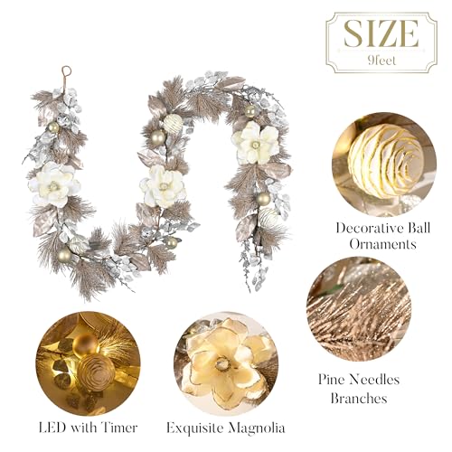 Valery Madelyn 9 Feet Pre-Lit Christmas Garland with White Gold Flower - color: Champagne Gold, size: 9 feet