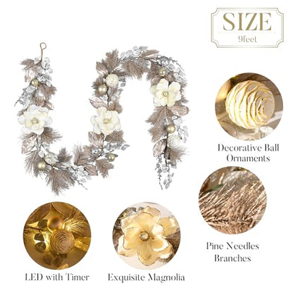 Valery Madelyn 9 Feet Pre-Lit Christmas Garland with White Gold Flower - color: Champagne Gold, size: 9 feet