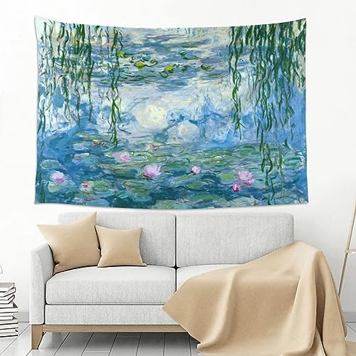 Mutakin Monet Water Lilies Tapestry Wall Hanging Aesthetic For Bedroom Living Room Dorm 60 x 40 in - color: Black3