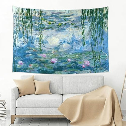 Mutakin Monet Water Lilies Tapestry Wall Hanging Aesthetic For Bedroom Living Room Dorm 60 x 40 in - color: Black3