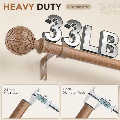 Curtain Rod 36-60 Inch, Boho Wood 1 Inch Curtain Rods for Windows - color: Natural Wood, size: 36''-60'' (1 Pack)