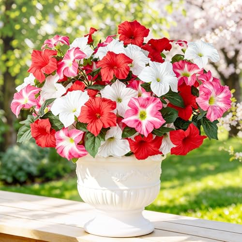 Uieke Artificial Flowers for Outdoors, 24PCS Faux Petunias Outdoor Uv Resistant Silk Flower, Spring Decorations for Home Garden Patio Porch, Red&White - color: Red & White