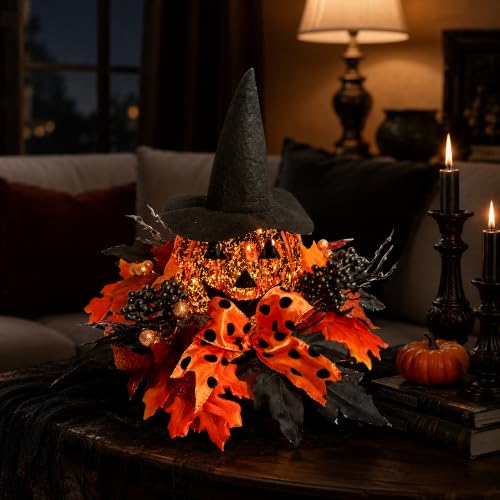 Svndlyn 15 Inch Lighted Halloween Pumpkin Decor with Witch Hat and Bow