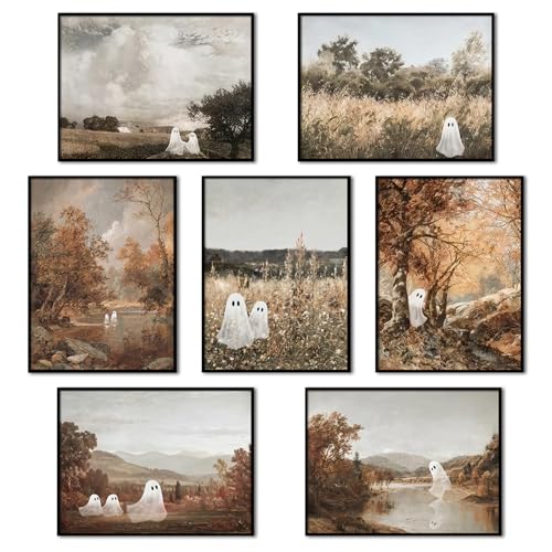 Mynotix Funny Halloween Poster Set of 7, Cute Ghost Country Landscape Wall Art, Vintage Haunted Forest Canvas Painting Print Pictures for Bedroom Living Room Dorm Unframed 12x16 inch - color: Halloween ghost, size: 16"L x 12"W
