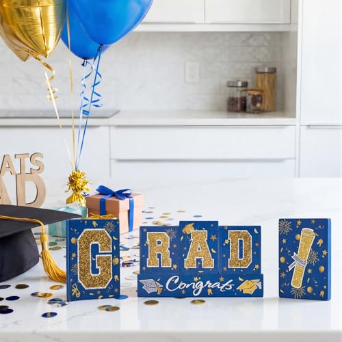 Smile GRAD Wooden Block Decor Set, 6-Piece Blue(Science) & Gold Glittered Letter Blocks with Congrats Banner, Tiered Tray Tabletop Signs for Graduation Party Decorations - style: Grad Blue