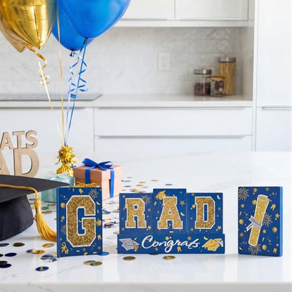 Smile GRAD Wooden Block Decor Set, 6-Piece Blue(Science) & Gold Glittered Letter Blocks with Congrats Banner, Tiered Tray Tabletop Signs for Graduation Party Decorations - style: Grad Blue