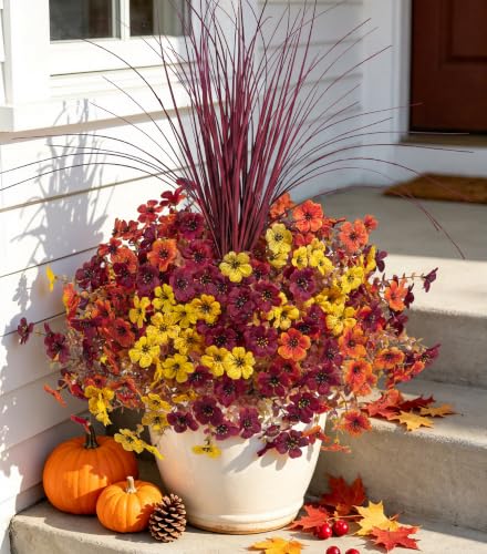 Ivydale Artificial Mums Flowers for Outdoors 12 Pcs + Burgundy Grass - color: Orange Yellow Brownish-red