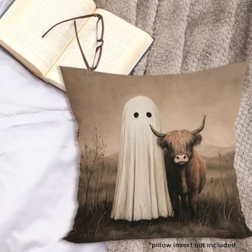 Moody Halloween Ghost Western Highland Cow Throw Pillow Cover 18x18 - color: Highland Cow-10