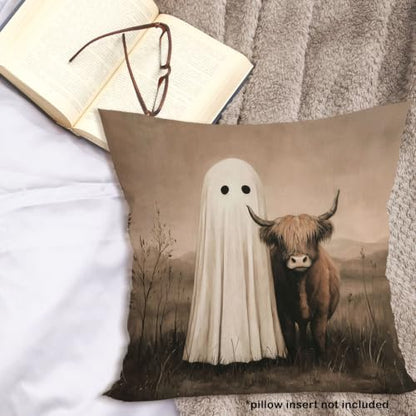 Moody Halloween Ghost Western Highland Cow Throw Pillow Cover 18x18 - color: Highland Cow-10