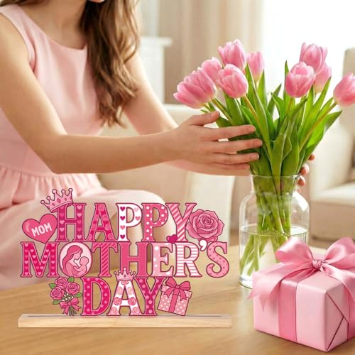 Roowest Metal Happy Mother's Day Tabletop Sign Decor with Wooden Base - style: Happy Mother's Day