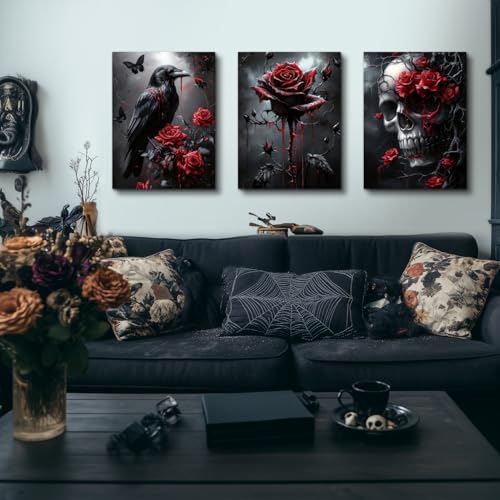 Hianan Wrapped Canvas Dark Goth Crow Rose Skull Wall Art Set of 3, 12x16 in - color: Black-Red, size: 16"L x 12"W