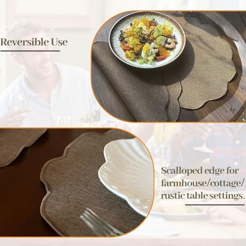 AHHFSMEI Round Scalloped Placemats Set of 6 15 Inch Faux Linen - color: Brown