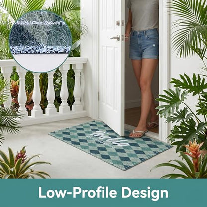 Green Plaid Washable Door Mat 20x30 Inch - color: Green Diamond Pattern