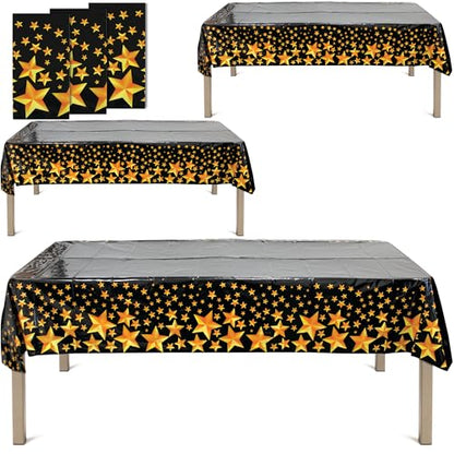 BASHOUT New Year's Eve Party Plastic Tablecloth | 3 Pcs Pack (54” Wide x 108” Long) | Black Rectangular Table Cover with Gold Stars | Anniversary, Graduation Table Decorations | New Years Eve Decor