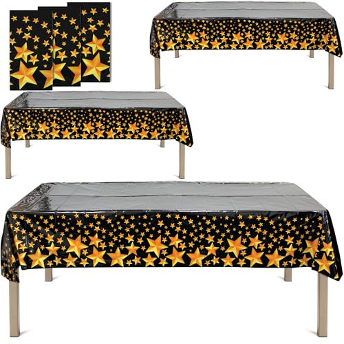 BASHOUT New Year's Eve Party Plastic Tablecloth | 3 Pcs Pack (54” Wide x 108” Long) | Black Rectangular Table Cover with Gold Stars | Anniversary, Graduation Table Decorations | New Years Eve Decor