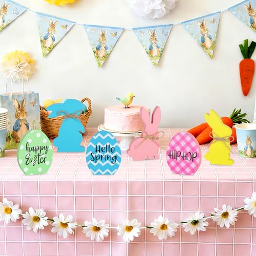6Pcs Easter Bunny Decorations for Home Wooden Easter Table Signs Rabbit Egg Shaped Tabletop Centerpieces with Rope for Tiered Tray Decor Home Indoor Office Party Farmhouse Decor