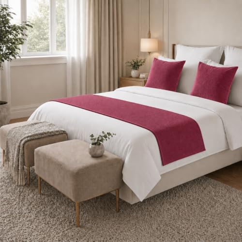 Solid Bed Runner Set,2 Pillow Covers,Burgundy,82.7x19.7in - color: Burgundy, size: Full/Queen