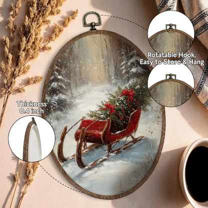 FLAWAFLOMA Winter Red Santa Sleigh Oval Canvas Wall Art Decor 8.6x11.4 Inch - color: Christmas-15