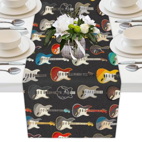AUUXVA Table Runner Music Guitar Pattern Durable Luxury Dresser Scarf Tabletop Cloth for Wedding Dining Table Holiday Party Kitchen Home Decoration 13x90in - color: Guitar Pattern, size: 13x90(in)