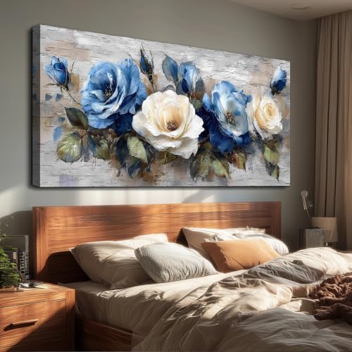 Floral Wall Art, Vintage Flower Wall Decor, Large Abstract Wall Art, Blue Flower Pictures Canvas Prints Artwork Paintings for Living Room Bedroom Hallway Rustic Farmhouse Home Decorations - color: Floral Wall Art, size: 48"L x 24"W