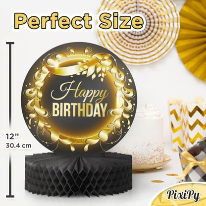 Happy Birthday Table Decoration Centerpieces - (4 Pack, Black & Rose Gold), Double-Sided Happy Birthday Centerpieces for Tables - Party Supplies for Elegant Birthday Decorations by PixiPy - style: Black & Gold (Pack of 4)