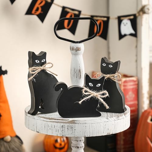 3 PCS Halloween Decorations Indoor, Black Cat Wooden Block Sign