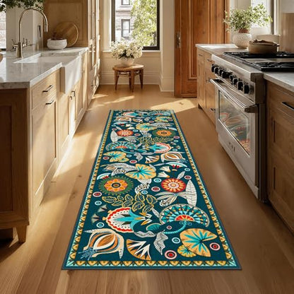 Joydeco Egypt Floral Boho 2x6 Washable Kitchen Hallway Bathroom Rug Runner - color: Dark Green, size: 2' x 6' (Runner)