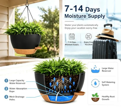 12" Self Watering Hanging Planters with Chains, Black Brown，2 Pack - color: Black Brown, size: 2 pack 12 inches