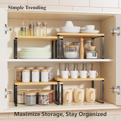 Simple Trending Bamboo Cabinet Organizer Shelf, Set of 2 Kitchen Counter Shelves, Stackable Expandable Spice Rack Kitchen Storage, Black and Natural Beige - size: Set of 2 Shelves
