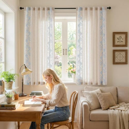 jinchan Floral Linen Curtains, Back Tab 50x63 Inch, 2 Panels Blue - color: Vine | Sky Blue, size: 50"W x 63"L (Pack of 2)