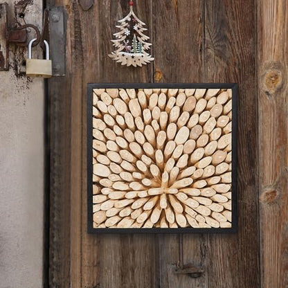 Warmaxx Teak Wood Framed Wall Art Decor 17" Square 3D Wood Blooming Pattern - color: Natural-3