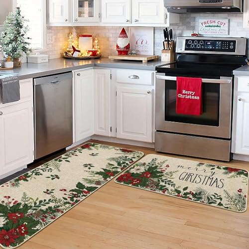 Baccessor Christmas Kitchen Rugs Set of 2, 17x29 and 17x47 Inch - color: Holly Berry